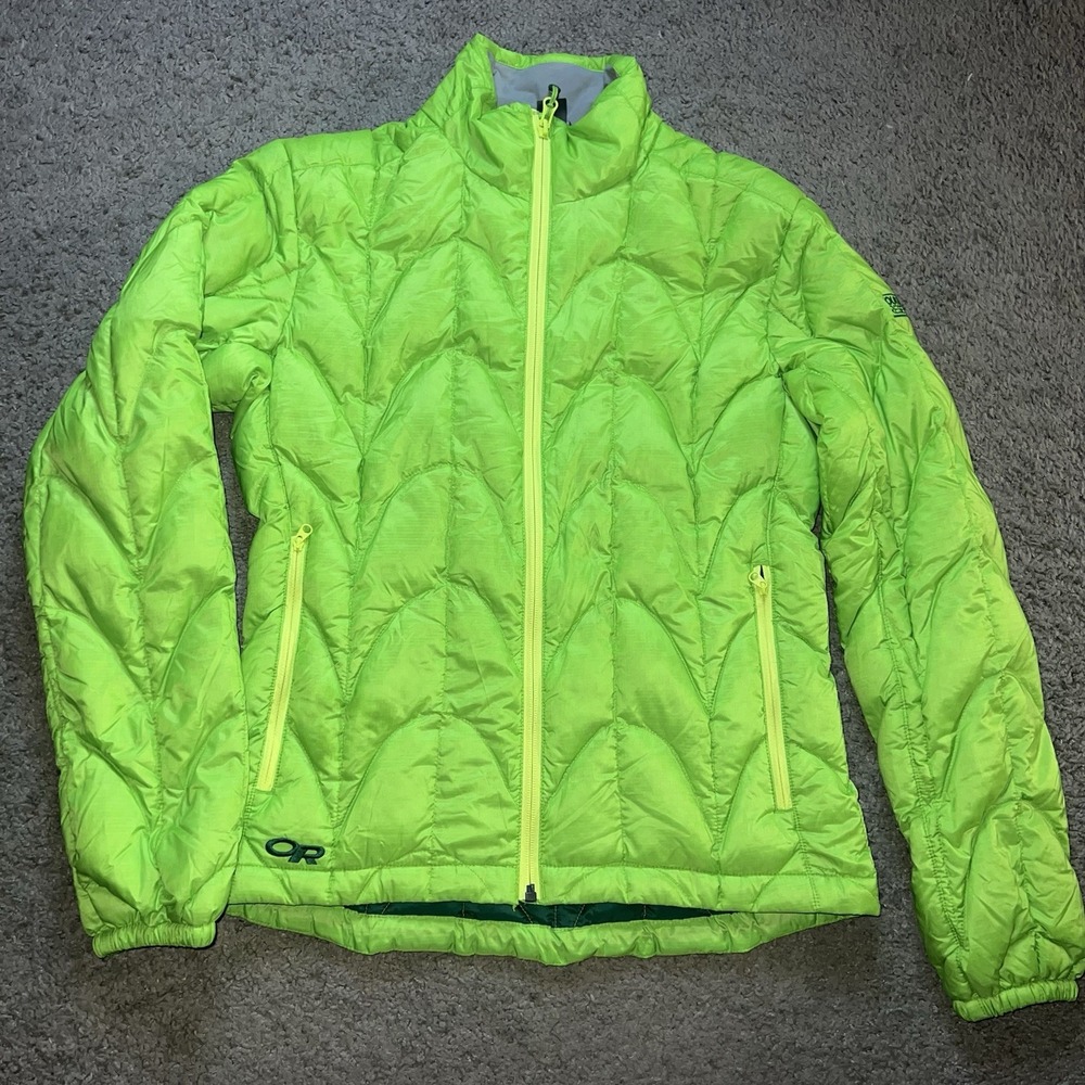 Outdoor Research OR Aria Quilted Down Coat Ski Jacket‎ Women's Size S Neon Green
